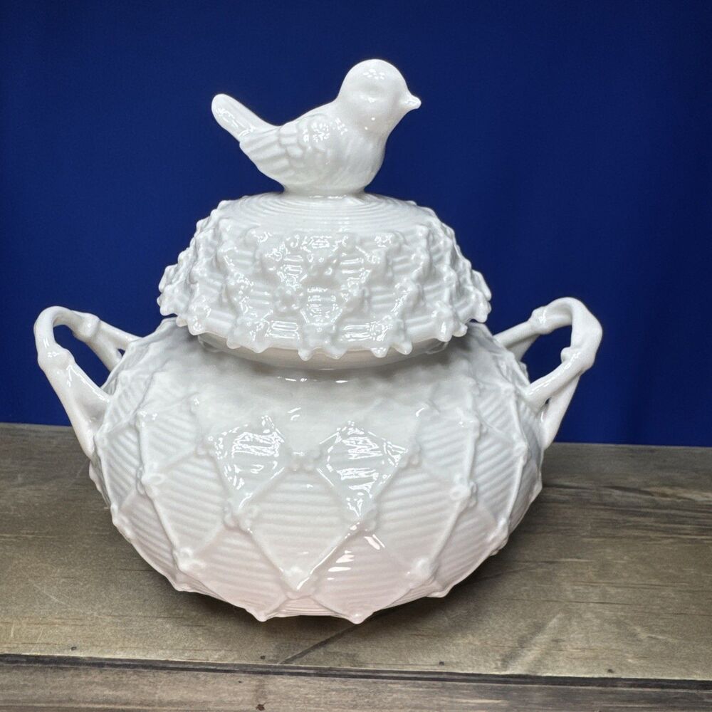 Grace's Teaware White Victorian Bird Sugar Bowl Lattice Texture 5” Tablescape